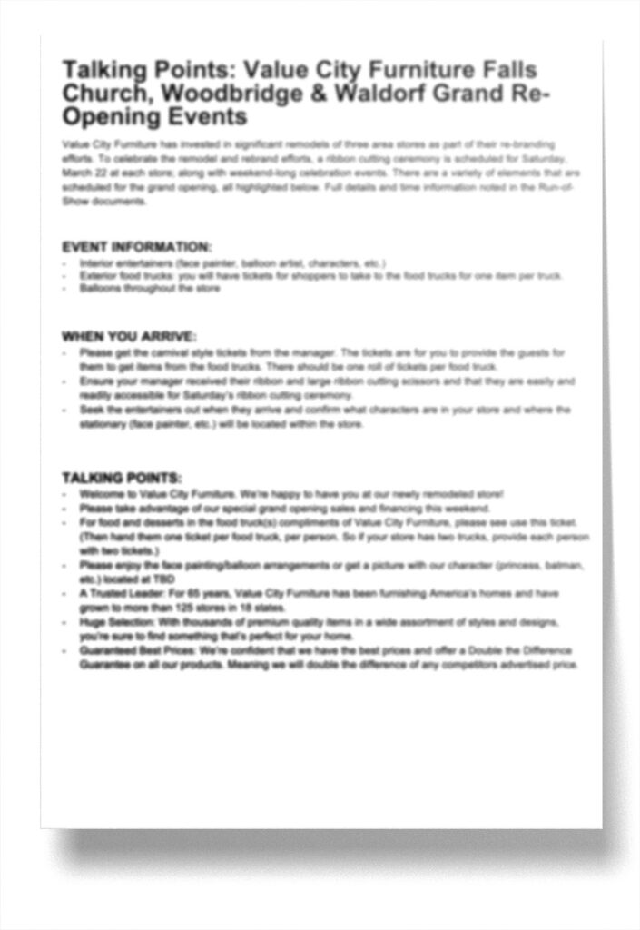 Furniture Retailer event planning documents